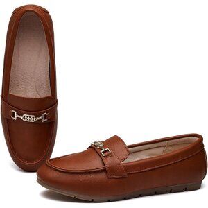 Women’s Brown Leather Polyurethane Comfortable Casual Slip On Loafer Flat Shoes